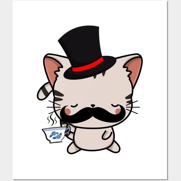 Sophisticated Tabby Cat Drinking Tea wearing a top hat Wall Art by Pet Station